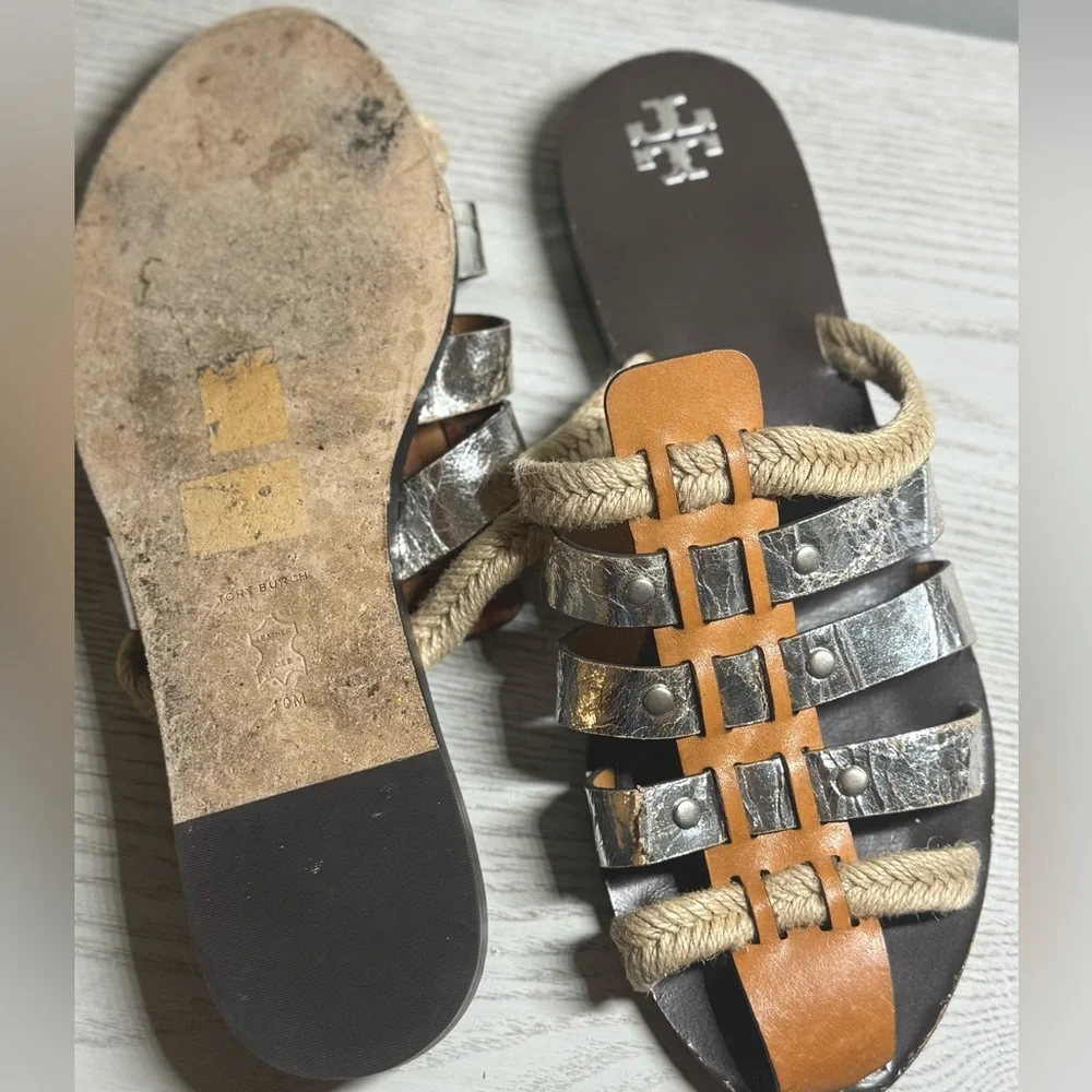 Tory Burch Fisherman Mule Sandals Silver & Tan Leather Slip-On Shoes Size 10M